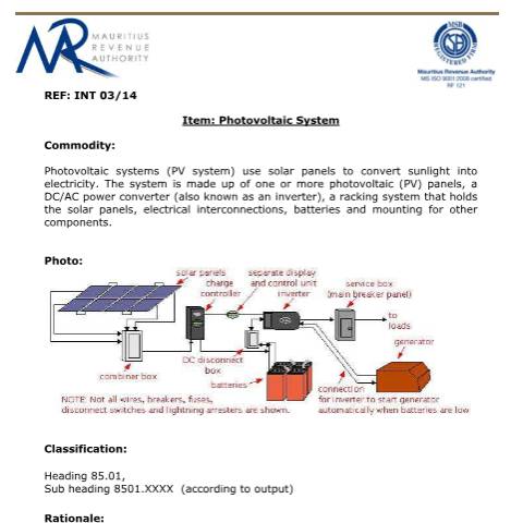 Document preview: Classification for Photovoltaic System — Document, Mauritius (CERFA n°PhotovoltaicSystem)
