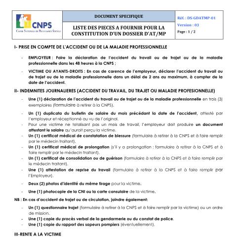 Aperçu du document LISTE DES PIECES A FOURNIR POUR LA CONSTITUTION D’UN DOSSIER D’ATMP — Document CNPS (prévoyance sociale), Côte d'Ivoire