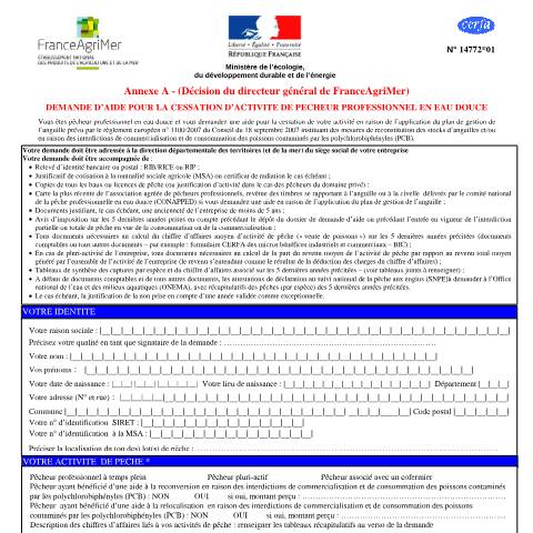Aperçu du document Plan de cessation d'activité des pêcheurs en eau douce — Professionnels, France (CERFA n°14772*01)