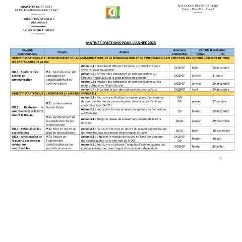 Aperçu du document MATRICE DES ACTIONS PROPOSEES AU PAS 2023 DGI — Plan d'actions, Côte d'Ivoire