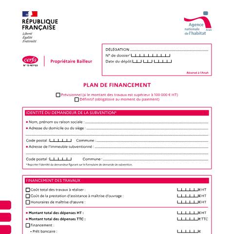Aperçu du document Propriétaire bailleur : plan de financement (Anah) — Particuliers, France (CERFA n°13461*03)
