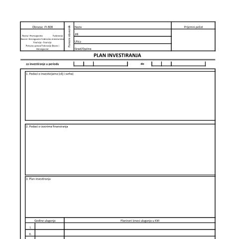 Document preview: PLAN INVESTIRANJA — Obrazac | Pravno lice | Porez na dobit, Bosna i Hercegovina (CERFA n°PI-808)