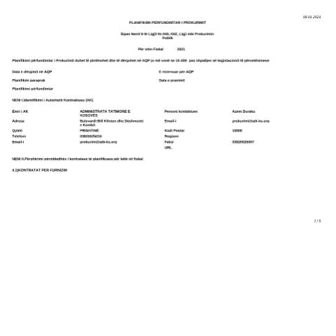 Document preview: PLANIFIKIMI PËRFUNDIMTAR I PROKURIMIT PËR VITIN 2021 — Tenderetshpallje Publike, Kosovë
