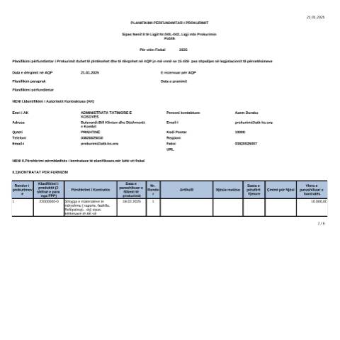 Document preview: Planifikimi përfundimtar i prokurimit per vitin 2025 — Tenderetshpallje Publike, Kosovë