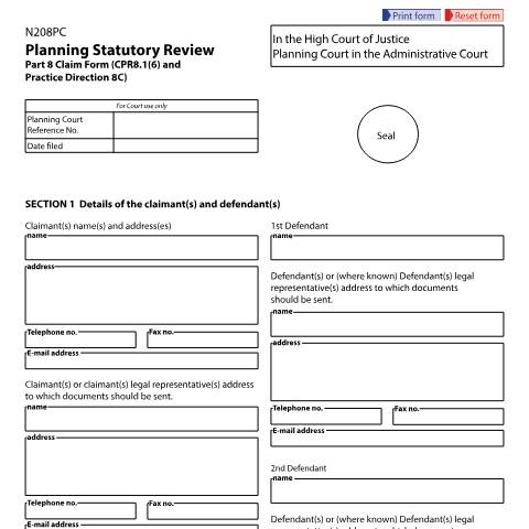Document preview: Form N208PC: Planning statutory review claim form — HM Courts & Tribunals Service, United Kingdom