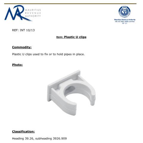 Document preview: Classification for Plastic U Clips — Document, Mauritius (CERFA n°PlasticUClips)
