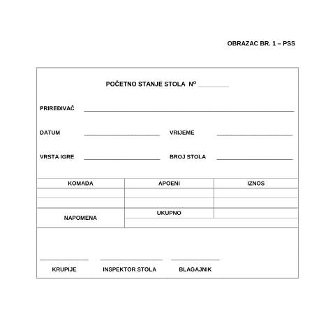 Document preview: POČETNO STANJE STOLA — Obrazac | Igre na sreću, Bosna i Hercegovina (CERFA n°PSS)