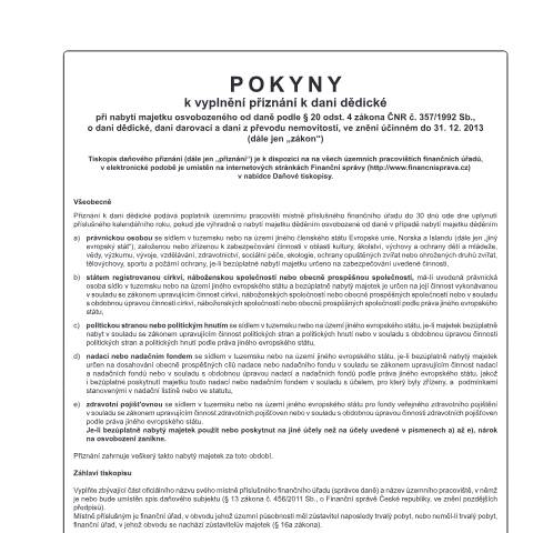 Document preview: Pokyny k vyplnění přiznání k dani dědické při nabytí majetku osvobozeného od daně podle § 20 odst. 4 zákona — Daň dědická — Vyměřovací řízení, Česko (CERFA n°25 5510)