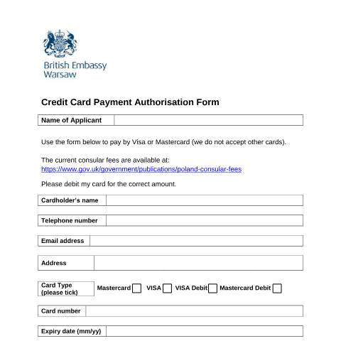 Document preview: Poland: credit card payment authorisation form — Foreign & Commonwealth Office, Foreign, Commonwealth & Development Office, United Kingdom