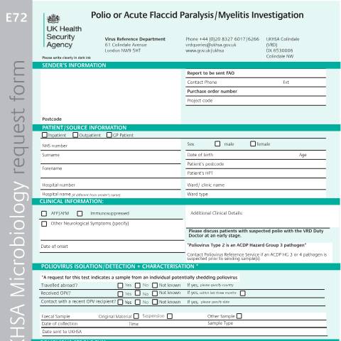 Document preview: Polio AFP and AFM surveillance: laboratory sample submission — UK Health Security Agency, United Kingdom