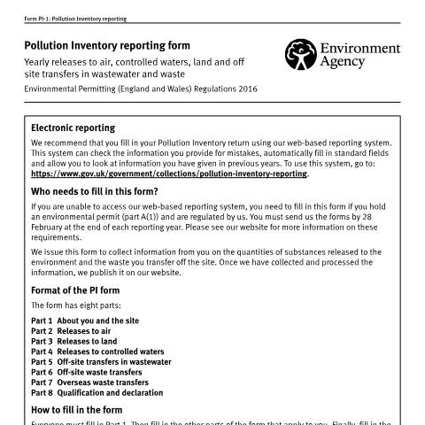 Document preview: Pollution inventory reporting forms — Environment Agency, United Kingdom