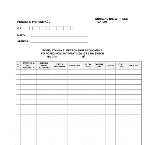Document preview: POPIS STANJA ELEKTRONSKIH BROJČANIKA PO POJEDINOM AUTOMATU ZA IGRE NA SREĆU NA DAN — Obrazac | Igre na sreću, Bosna i Hercegovina (CERFA n°PSEB)