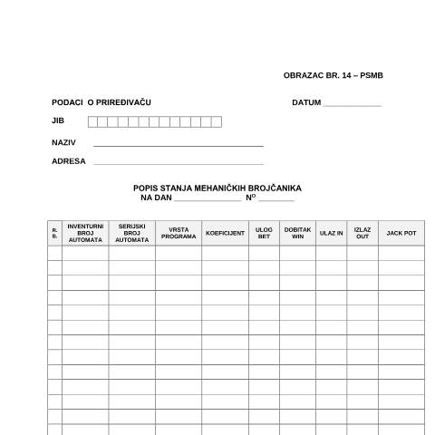 Document preview: POPIS STANJA MEHANIČKIH BROJČANIKA NA DAN — Obrazac | Igre na sreću, Bosna i Hercegovina (CERFA n°PSMB)