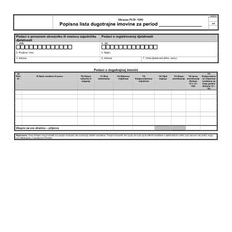 Document preview: POPISNA LISTA DUGOTRAJNE IMOVINE — Obrazac | Fizičko lice - obrtnik | Porez na dohodak, Bosna i Hercegovina (CERFA n°PLDI-1043)