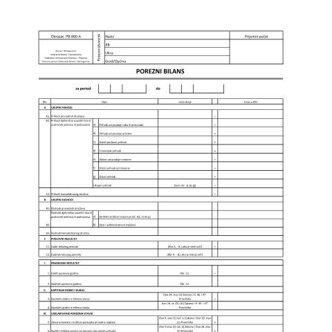 Document preview: POREZNI BILANS — Obrazac | Pravno lice | Porez na dobit, Bosna i Hercegovina (CERFA n°PB-800-A)