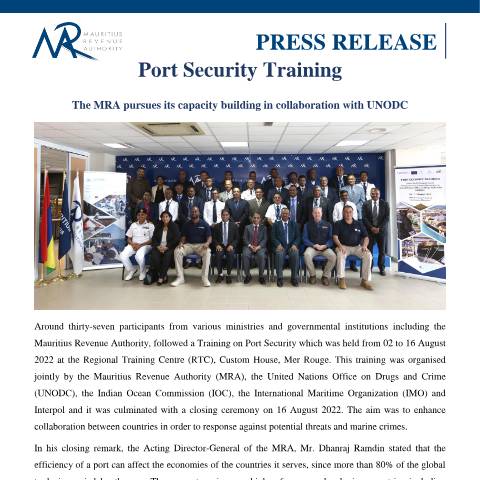 Document preview: Port Security Training : The MRA pursues its capacity building in collaboration with UNODC (19.08.22) — Document, Mauritius (CERFA n°PressRelease190822)