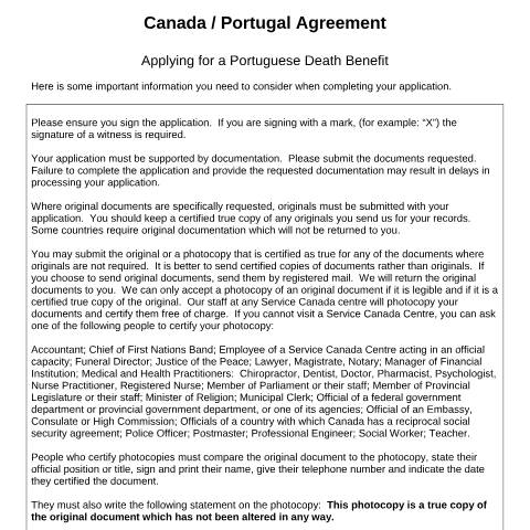 Document preview: Portugal/Canada Agreement - Application for Portuguese Death Benefits — Income Security Programs, Canada (CERFA n°CDN-P2)