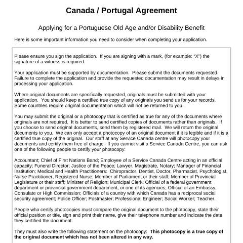 Document preview: Portugal/Canada Agreement - Application for a Portuguese Old Age and/or Disability Pension — Income Security Programs, Canada (CERFA n°CDN-P1)
