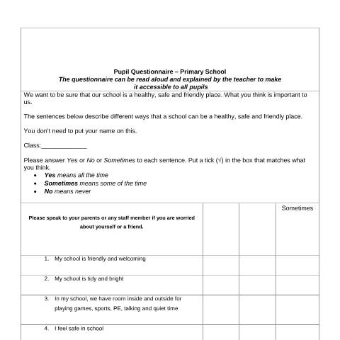 Document preview: Post Primary Pupil Questionnaire — Department of Education, Ireland