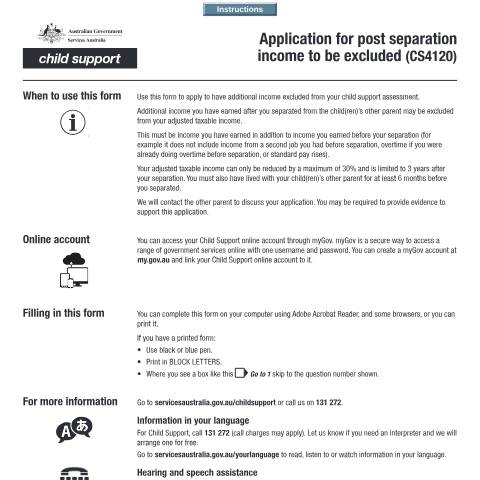 Document preview: Application for Post Separation Income to be Excluded — Services Australia — Individuals (by code), Australia (CERFA n°CS4120)