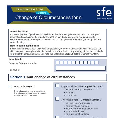 Document preview: 2022 to 2023 Postgraduate Doctoral change of circumstances form — Student Loans Company, United Kingdom