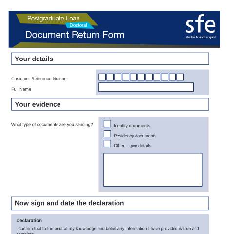 Document preview: 2021 to 2022 Postgraduate Doctoral document return form — Student Loans Company, United Kingdom