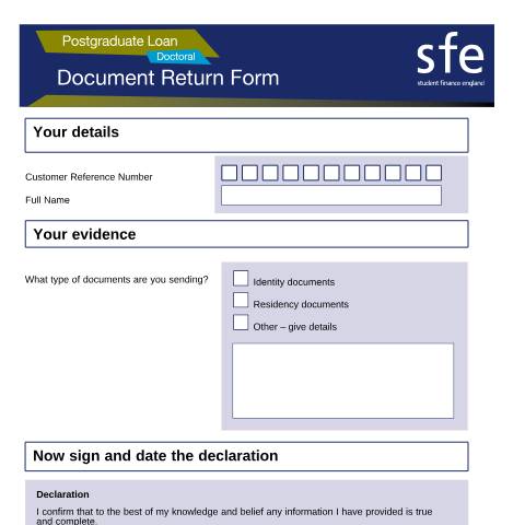 Document preview: 2023 to 2024 Postgraduate Doctoral document return form — Student Loans Company, United Kingdom