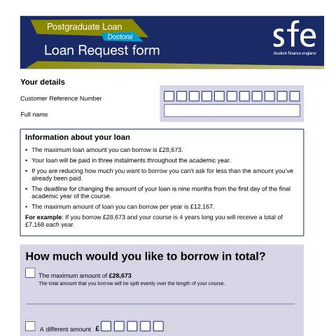 Document preview: 2023 to 2024 Postgraduate Doctoral Loan request form — Student Loans Company, United Kingdom