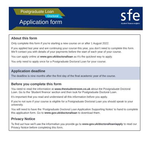 Document preview: 2022 to 2023 Student finance application forms and notes for postgraduate Doctoral students — Student Loans Company, United Kingdom