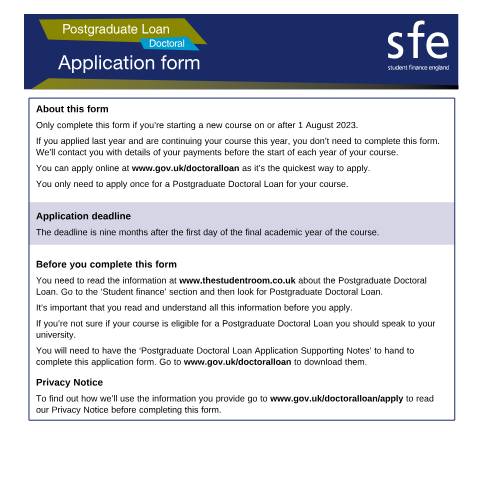 Document preview: 2023 to 2024 Student finance application forms and notes for postgraduate Doctoral students — Student Loans Company, United Kingdom