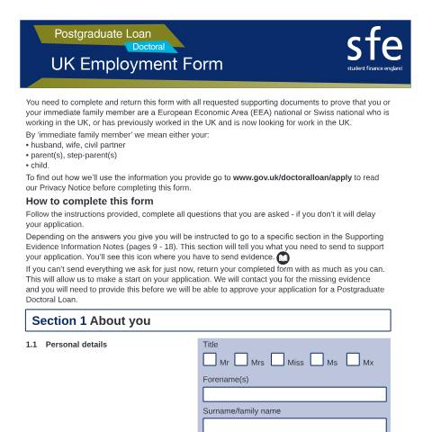 Document preview: 2019 to 2020 Postgraduate Doctoral UK employment form — Student Loans Company, United Kingdom