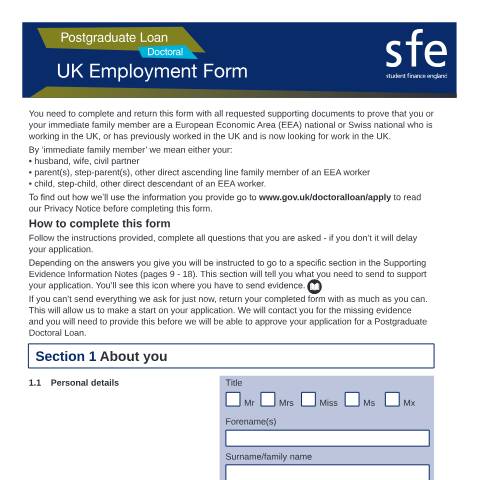 Document preview: 2022 to 2023 Postgraduate Doctoral UK employment form — Student Loans Company, United Kingdom