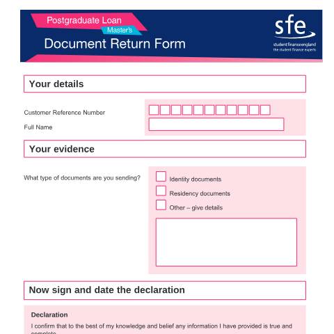 Document preview: 2022 to 2023 Postgraduate Master's document return form — Student Loans Company, United Kingdom