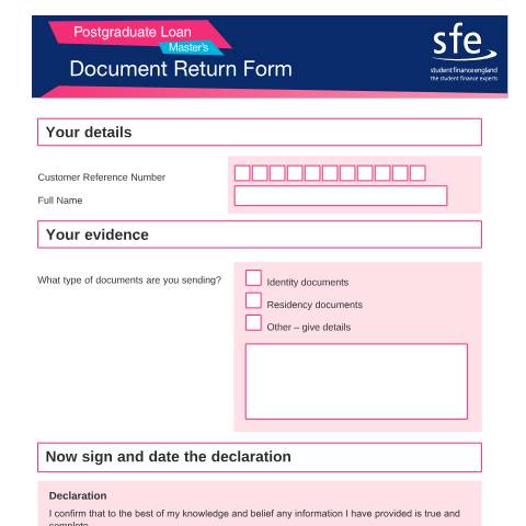 Document preview: 2020 to 2021 Postgraduate Master's document return form — Student Loans Company, United Kingdom