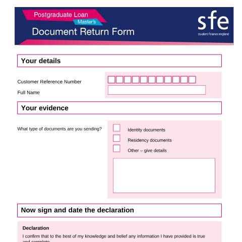 Document preview: 2023 to 2024 Postgraduate Master's document return form — Student Loans Company, United Kingdom