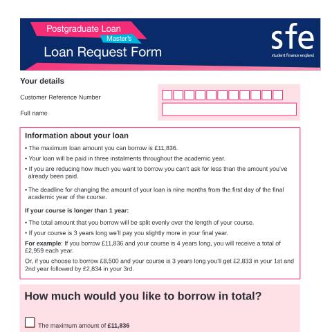 Document preview: 2022 to 2023 Postgraduate Master's Loan request form — Student Loans Company, United Kingdom