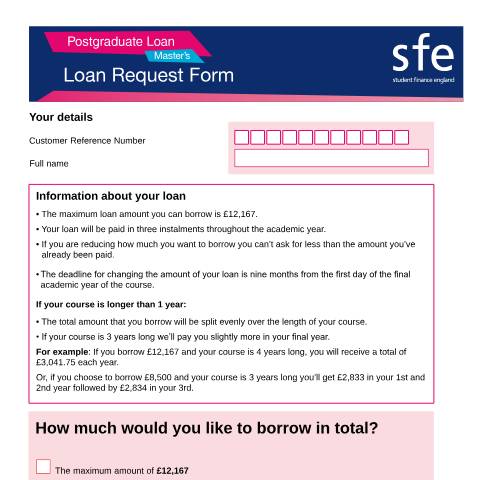 Document preview: 2023 to 2024 Postgraduate Master's Loan request form — Student Loans Company, United Kingdom
