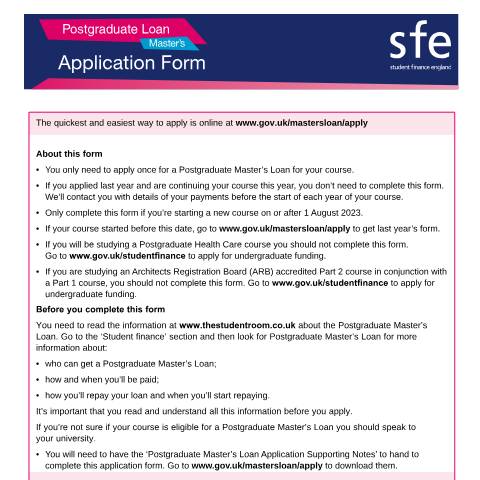 Document preview: 2023 to 2024 Student finance application forms and notes for postgraduate Master's students — Student Loans Company, United Kingdom