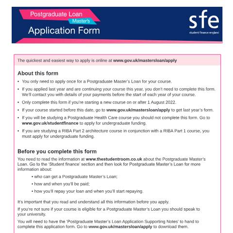 Document preview: 2022 to 2023 Student finance application forms and notes for postgraduate Master's students — Student Loans Company, United Kingdom