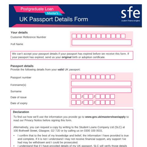 Document preview: 2021 to 2022 Postgraduate Master's UK passport details form — Student Loans Company, United Kingdom