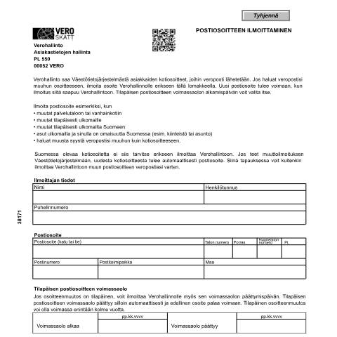 Document preview: Postiosoitteen ilmoittaminen (3817) — Postiosoitteen ilmoittaminen (3817), Suomi (CERFA n°Vero 3817)