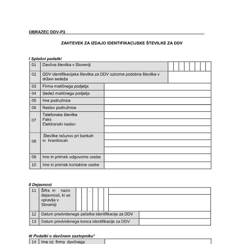 Document preview: Zahtevek za izdajo identifikacijske številke za DDV (tujci) — Obrazci DDV, Slovenija (CERFA n°DDV-P3)