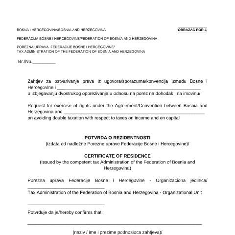 Document preview: POTVRDA O REZIDENTNOSTI — Obrazac | Pravno lice | Porez na dobit, Bosna i Hercegovina (CERFA n°POR-1)