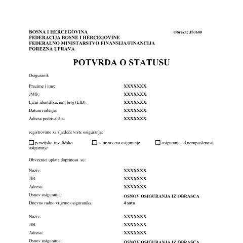 Document preview: POTVRDA O STATUSU — Obrazac | Fizičko lice | Jedinstveni sistem, Bosna i Hercegovina (CERFA n°JS3600)