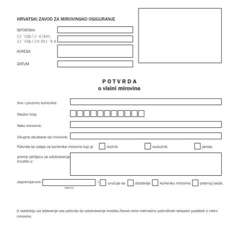 Document preview: potvrda o visini mirovine ispostave — Mirovinsko (pension), Hrvatska (CERFA n°potvrda_o_visini_mirovine_ispostave)