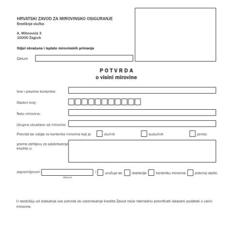 Document preview: potvrda o visini mirovine Sredisnja sluzba — Mirovinsko (pension), Hrvatska (CERFA n°potvrda_o_visini_mirovine_Sredisnja_sluz)