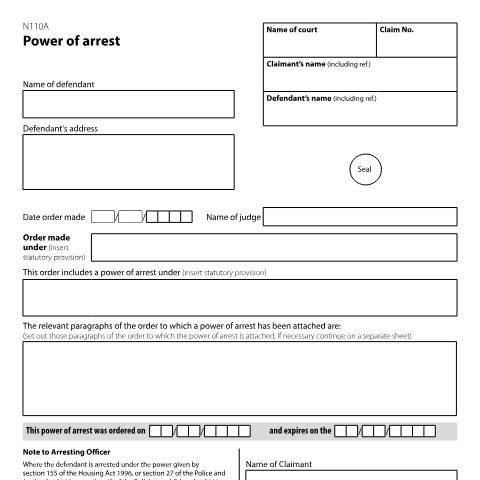 Document preview: Power of arrest attached to injunction: Form N110A — HM Courts & Tribunals Service, United Kingdom