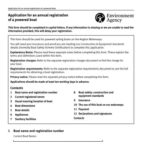Document preview: Environment Agency waterways: application for registration of a powered boat — Environment Agency, United Kingdom