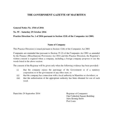 Document preview: PRACTICE DIRECTION NO. 1 OF 2016 — Reference, Mauritius (CERFA n°PRACTICE-DIRECTION-NO.-1-OF-2016)