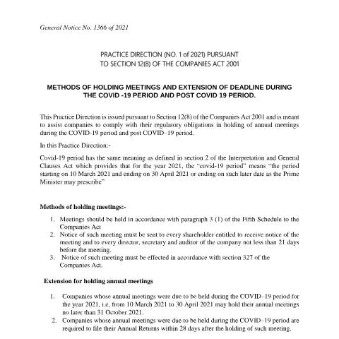 Document preview: Practice Direction No 1 holding of annual meeting — Reference, Mauritius (CERFA n°Practice-Direction-No-1-holding-of-annual-meeting)